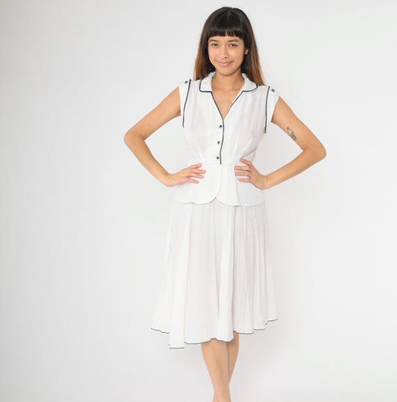 Vintage 70s White Polka Dot Dress Cap Sleeve Peplum Navy Piping Pleated Skirt Button Up Midi 1970s Semi-Sheer High Waisted Extra Small xs