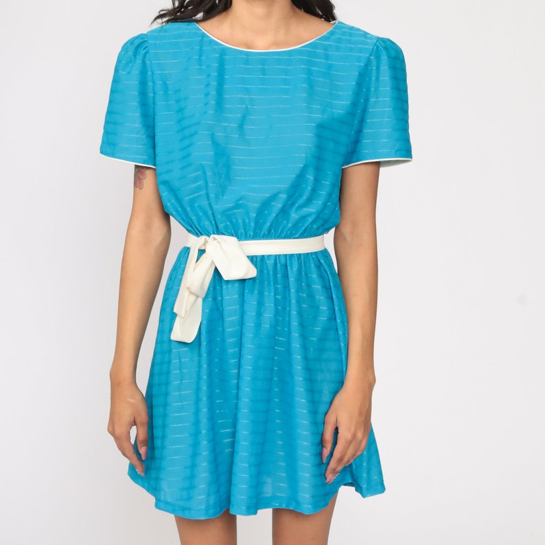 80s Mini Dress Blue Puff Sleeve Dress Striped Mini Dress - Etsy