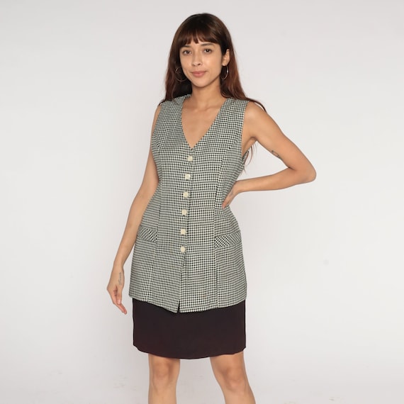 Attached Vest Dress 90s Houndstooth Mini Dress Black White Checkered Print Button Up Sleeveless Retro Minidress Preppy Vintage 1990s Small S