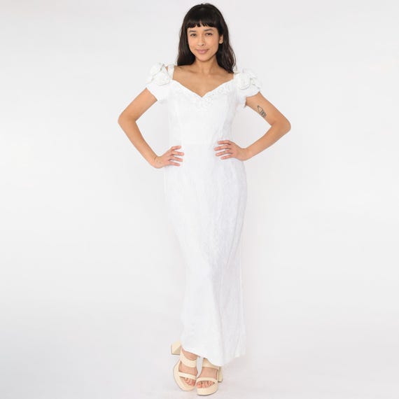 Vintage White Wedding Gown 90s Scott McClintock Bridal Dress Off Shoulder Rosette Straps Textured Fabric Formal 1990s Lace Train Small 6