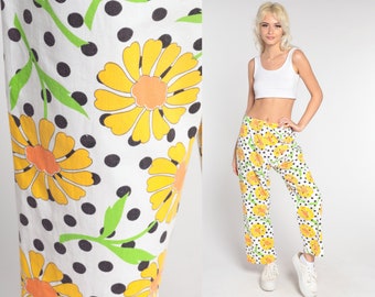 Floral Straight Leg Pants 70s White Polka Dot Pants Bohemian Pants Hippie Trousers High Waisted Boho Festival Yellow Medium