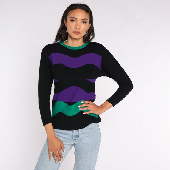 Striped Wool Shirt 80s Black Purple Long Sleeve S… - image 3