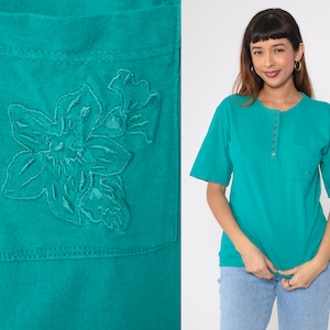 Teal Henley Tee 90s Floral Embroidered T-Shirt Green Short Sleeve Top Flower Embroidery Button Up Blouse Summer TShirt Vintage 1990s Small image 1