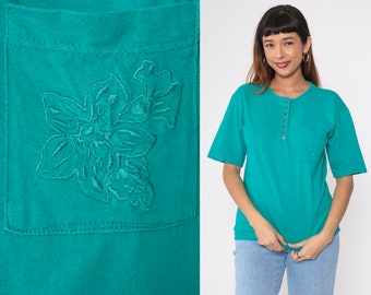 Teal Henley Tee 90s Floral Embroidered T-Shirt Green Short Sleeve Top Flower Embroidery Button Up Blouse Summer TShirt Vintage 1990s Small