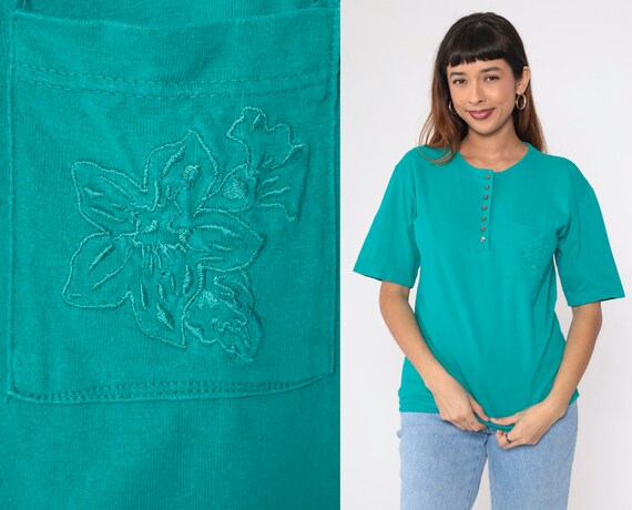 Teal Henley Tee 90s Floral Embroidered T-Shirt Green Short Sleeve Top Flower Embroidery Button Up Blouse Summer TShirt Vintage 1990s Small