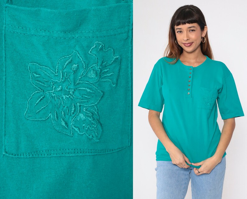 Teal Henley Tee 90s Floral Embroidered T-Shirt Green Short Sleeve Top Flower Embroidery Button Up Blouse Summer TShirt Vintage 1990s Small image 1