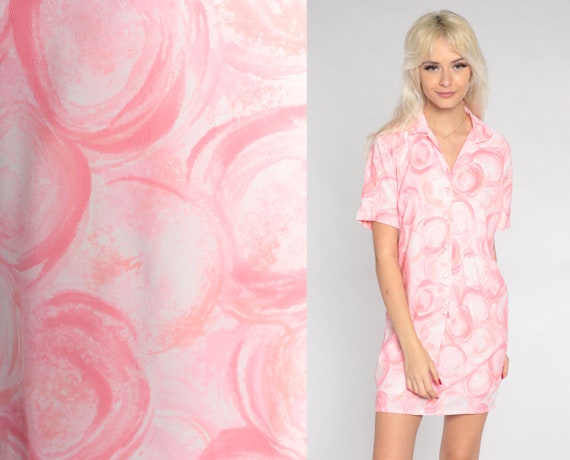 60s Shirt Dress Pink Day Dress Button up Shift Mini Dress Abstract Brushstroke Print Short Sleeve Shirtdress Retro Vintage 1960s Medium M