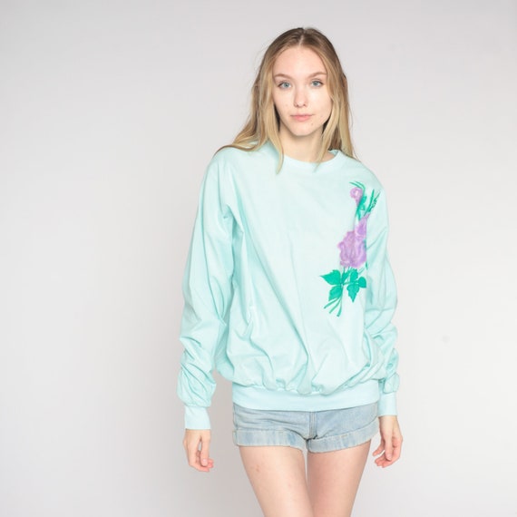 Rose Sweatshirt 80s Mint Blue Floral Sweatshirt A… - image 2