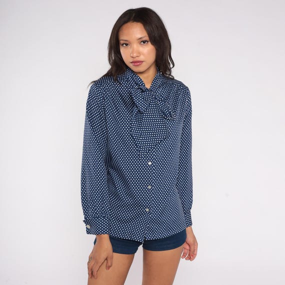 80s Navy Polka Dot Blouse Button Down White Dots Pussy Bow Secretary Shirt Office Wear Dark Blue Spotted Professional Medium M Work Wear