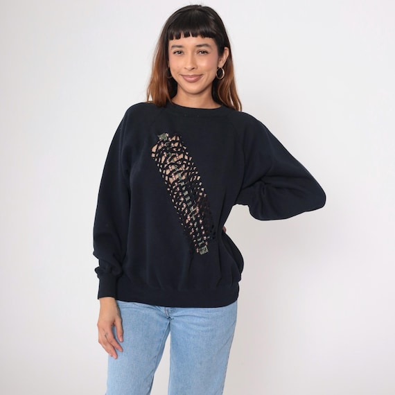 90s Cut Out Sweatshirt Black Metallic Trim Raglan DIY Peekaboo Shirt Crewneck Pullover Slouchy Vintage 1990s Basic Large