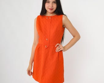 Orange Mod Mini Dress 60s Bright Gold Twiggy Style Polyester Vintage Go Go Retro Shift Dress Party Swinging Sixties Extra Small XS