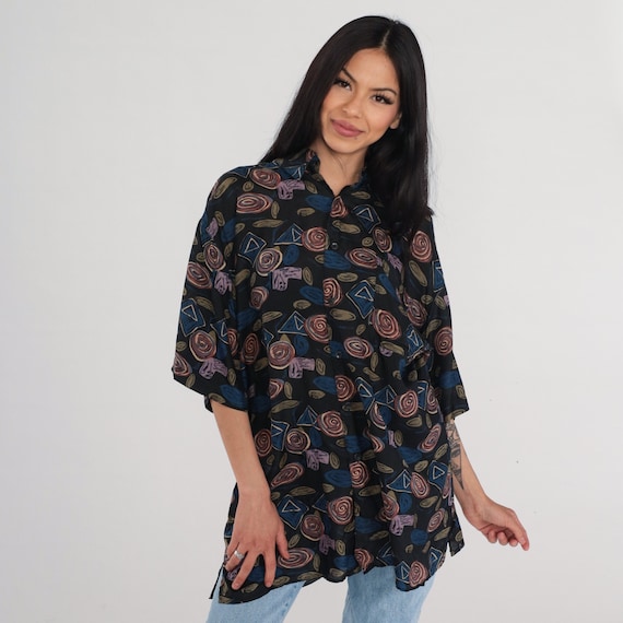 Abstract Silk Shirt 90s Button Up Shirt Retro Statement Geometric Print Short Sleeve Collar Black Blue Vintage 1990s Robert Stock Mens Large