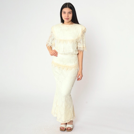 Vintage 80s Ivory Lace Gown Jessica McClintock Maxi Bow Back Wedding Dress Romantic Bridal 1980s Blouson Short Sleeve Formal Evening Small S