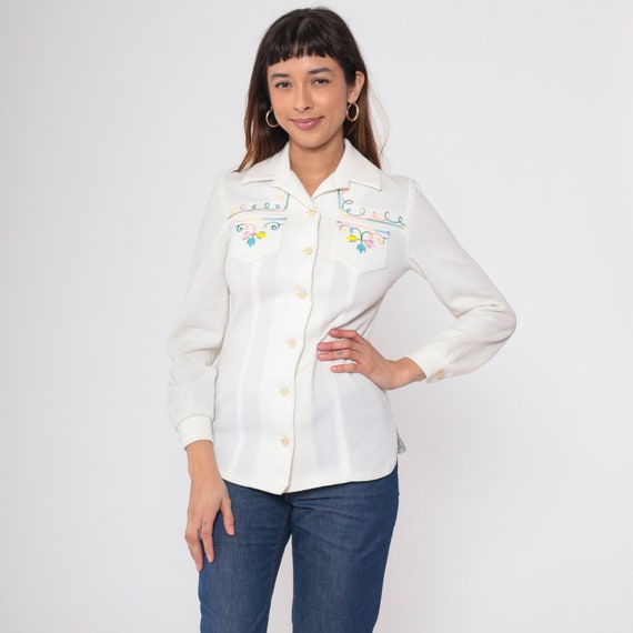 Floral Embroidered Blouse 70s Hippie Top White Shirt 1970s Boho Shirt Button Up Princess Seam Vintage Bohemian Long Sleeve Romantic Small
