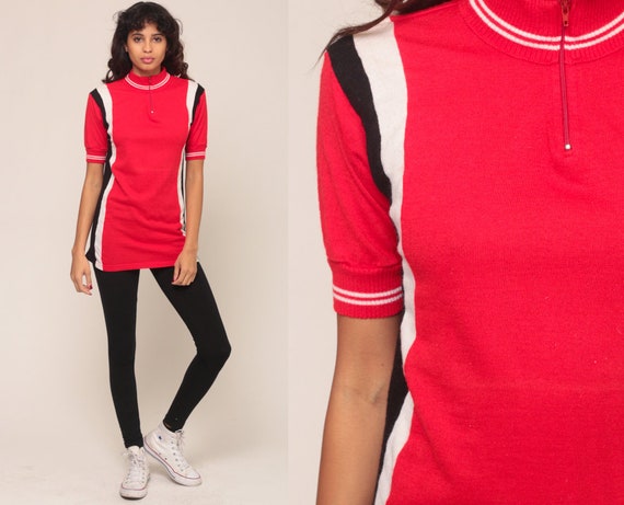 Wool Cycling Jersey Bike Shirt 80s Striped Wool Bicycle Jersey Retro Sports Red Pullover Zip Up 1980s Vintage Extra Small xs