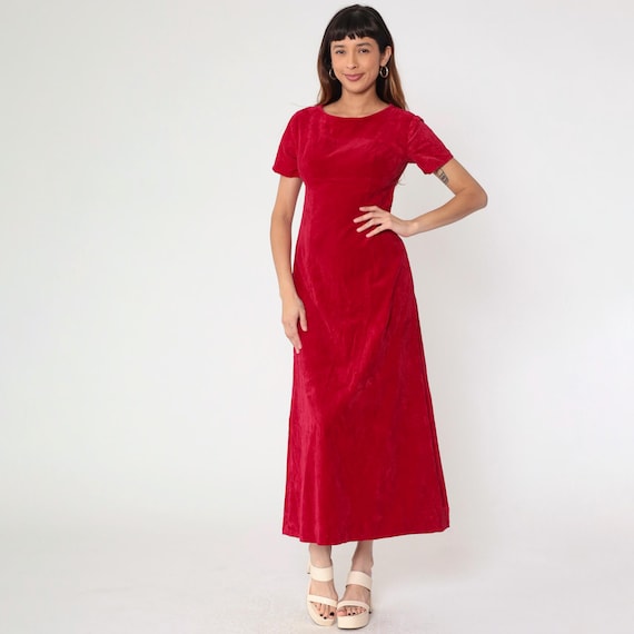 60s Red Velvet Maxi Dress Vintage Party Gown Short Sleeve Empire Waist 1960s Formal Prom Holiday Dress Evening Small S