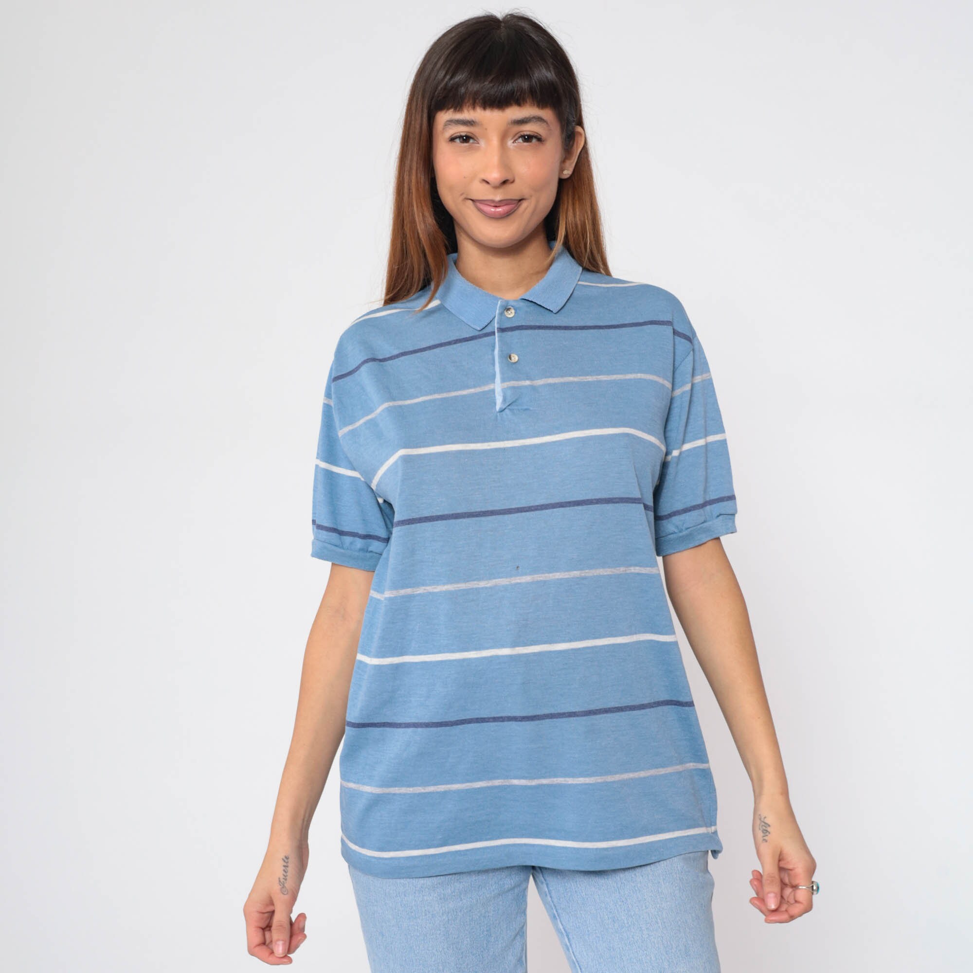 Blue Striped Polo Shirt 80s Collared T-shirt Retro Quarter
