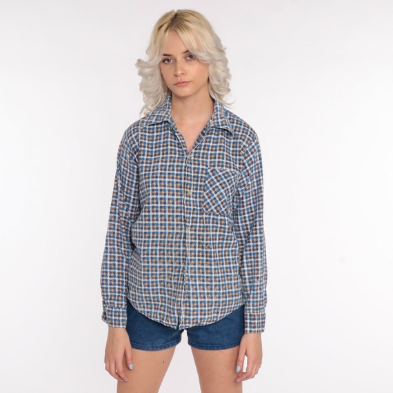 70s Plaid Shirt Blue an Flannel Navy Lumberjack Shirt Distressed Button Up Long Sleeve 1970s Grunge Vintage Medium