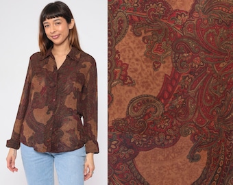 Paisley Blouse 90s Brown Button Up Shirt Long Sleeve Top Collared Retro Boho Hippie Groovy Print Festival Red Green Vintage 1990s Medium M