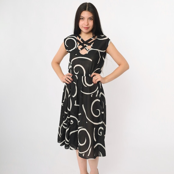 Vintage Black White Abstract Print Dress 80s Criss Cross Neckline Reversible Semi-Sheer Swirl Cap Sleeve Midi 1980s Graphic Pattern Small