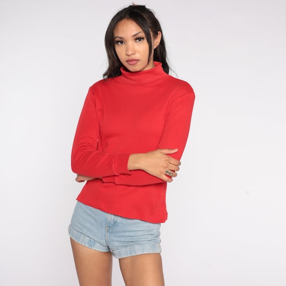 Red Turtleneck Shirt 90s Long Sleeve Shirt Boho Grunge Hippie Basic Top Normcore Pullover Simple Plain Layering Vintage 1990s Medium