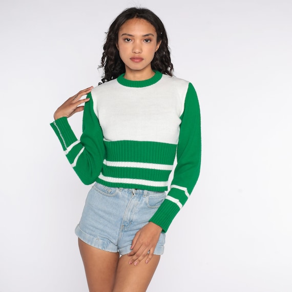 70s Striped Sweater White Green Knit Retro Ringer Sweater 1970s Vintage Boho Nerd Sweater Cheer Sweater Cheerleader Stripes Preppy Small S