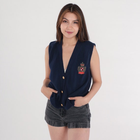 Navy Blue Sweater Vest 90s Button up Knit Tank Top Embroidered