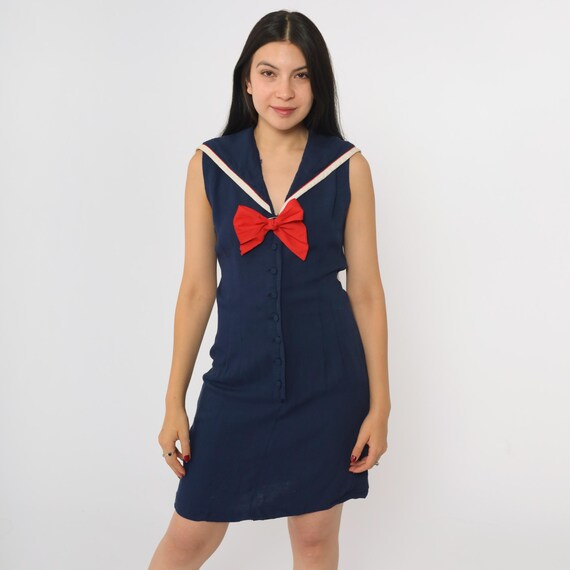 Vintage Mod Sailor Collar Dress 60s Navy Blue Red Bow Nautical Mini Dress 1960s Sleeveless Button Up Sheath Jerry Gilden Spectator Small S