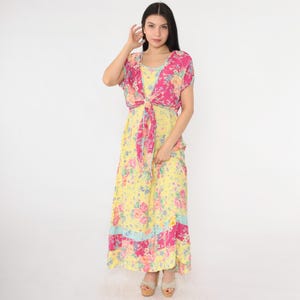 Vintage Bila Floral Maxi Dress 90s Yellow Pink Rayon Tie Front Jacket Overlay Sleeveless 1990s Cottagecore Garden Party Large L