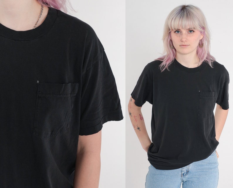 Black Pocket Tee 90s T-Shirt Retro Plain TShirt Solid T Shirt Minimalist Top Basic Shirt Streetwear Vintage 1990s Jerzees Large xl image 1