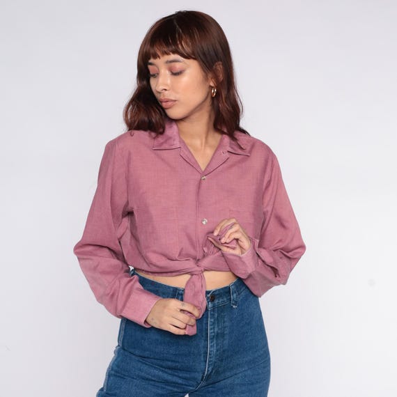 70s Pink Collar Shirt Button Front Long Sleeve Dusty Rose Mauve Mens Chest Pocket Vintage Unisex Casual Preppy Style Top Disco Small S