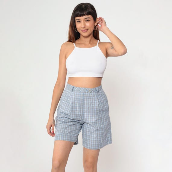 90s Plaid Shorts Light Blue Liz Golf Shorts High Waisted Retro Pleated Trouser Shorts Checkered Preppy Academia Vintage 1990s Small 28