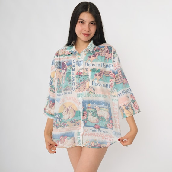 Farm Animal Shirt White 90s Novelty Button Up Tap & Co Farm Print Cow Pig Rooster Bunny Rabbit Piece Kawaii Cute Aesthetic Extra Large XL