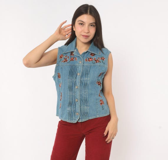 Leaf Embroidered Denim Vest 90s Floral Sleeveless Jean Top Pintuck Button Front Cotton Blue Chambray Collared Western Waistcoat Medium M