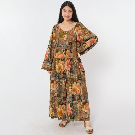 Vintage Floral Wide Leg Jumpsuit 90s Yellow Baggy Scoop Neck Long sleeve Romper Pants Flower Print Retro Summer One Piece 1990s Women's 1x