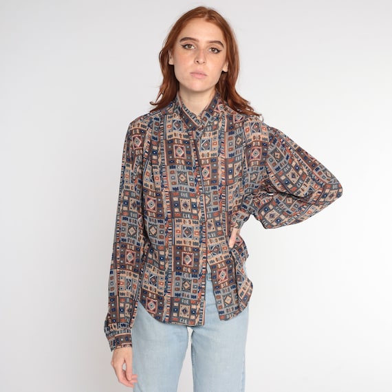 Geometric Blouse 80s Boho Top Button Up Shirt Mandarin Collar Long Balloon Sleeve Retro Hippie Statement Print Blouse Vintage 1980s Medium M
