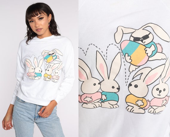 Easter Bunny Sweatshirt Animal Rabbit Sweater 80s Jumper Graphic Shirt Pastel Kawaii 1980s Vintage Small S