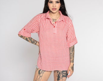 Gingham Tunic Top Red Checkered Shirt 80s Plaid Blouse Hippie Tunic Top Boho Plaid Shirt 70s Vintage Short Sleeve Cottagecore Button Medium