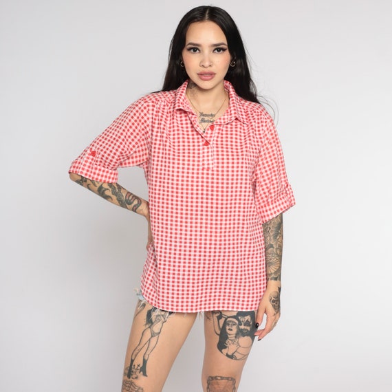 Gingham Tunic Top Red Checkered Shirt 80s Plaid Blouse Hippie Tunic Top Boho Plaid Shirt 70s Vintage Short Sleeve Cottagecore Button Medium