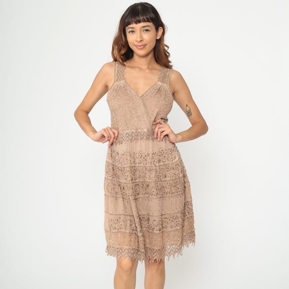 Y2K Beige Beaded Lace Dress Tiered V Neck Sleeveless Drop Waist Rayon Midi Embellished Cocktail Party Formal Boho 2000s Scalloped Hem Large