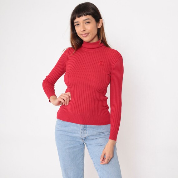 Red Turtleneck Sweater 80s Pierre Cardin Sweater Ribbed Pullover Jumper Designer Vintage Plain Funnel Neck Small S