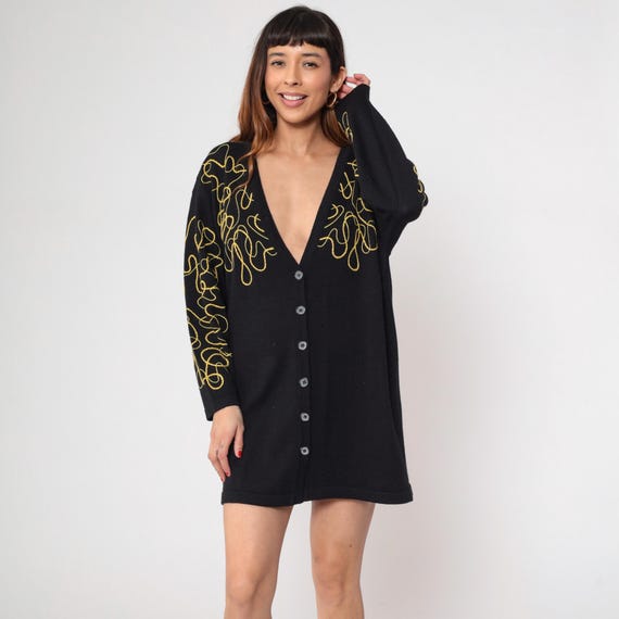 Black Embroidered Cardigan 90s Gold Abstract Design Long Vintage Statement Longline Dark Academia Sweater Dress Jacket Grunge Alt Medium M