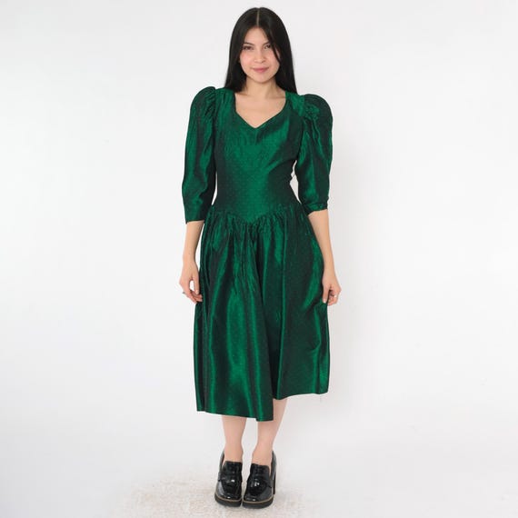 Vintage 80s Green Taffeta Prom Dress Metallic Puff Sleeve Polka Dot Princess Seam Corset Basque Waist Ball Gown Formal Small 4