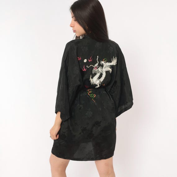 Dragon Embroidered Robe 90s Black Satin Kimono Wrap Front Floral Short Duster Coverup Tie Waist Wide Sleeve Housecoat Golden Bee Medium M