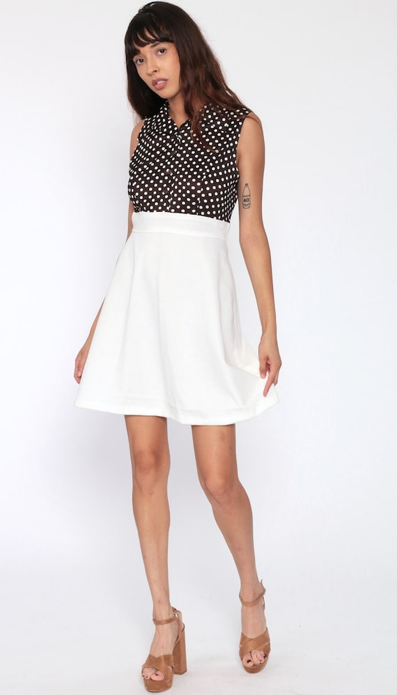 70s Babydoll Dress Brown Polka Dot Mod Mini Vintage Empire Waist Sleeveless 60s Button Up White Minidress 1970s Small