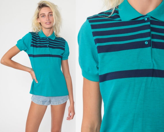 Turquoise Polo Shirt Single Stitch Shirt 80s Striped Shirt Button Up Shirt Retro Stranger Things 1980s Vintage Short Sleeve Small