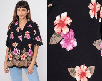 Tropical Floral Top 90s Black Rayon Hawaiian Hibiscus Button Up Blouse Surfer Vacation Shirt Short Sleeve Retro Vintage 1990s Extra Large xl