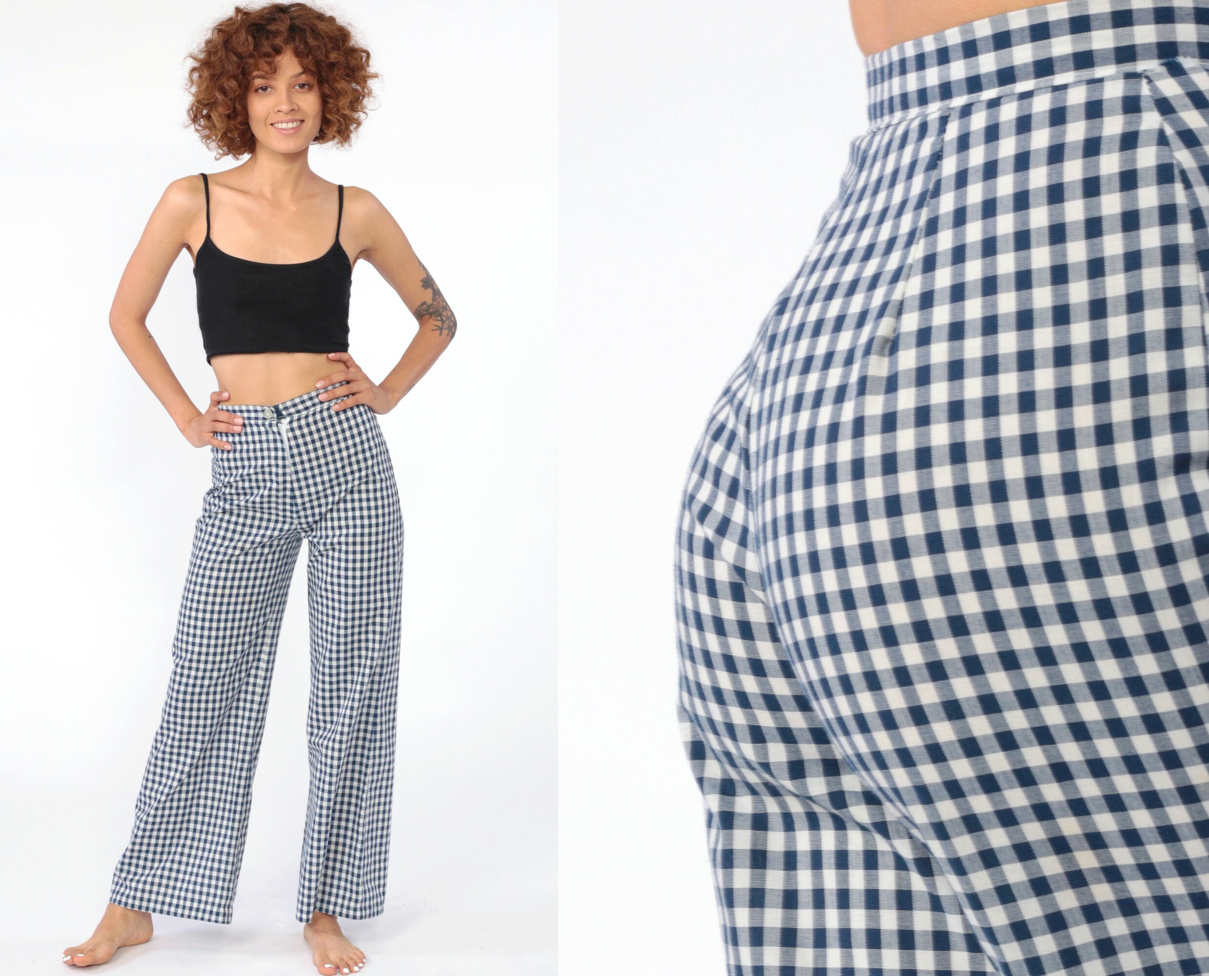 Gingham Bell Bottom Trousers 70s Plaid 
