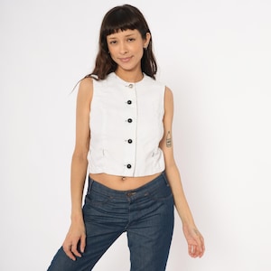 Chaleco de lino de los años 60, blusa blanca sin mangas con botones delanteros, top corto estilo mod, chaleco de cuello redondo, camiseta negra ajustada, color crema, vintage, talla XS extra pequeña