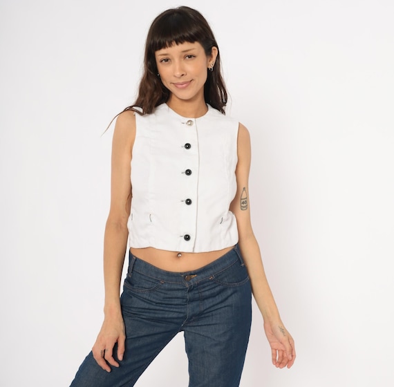 60s Linen Vest White Button Front Sleeveless Blouse Mod Crop Top Waistcoat Round Neck Black Fitted Tank Cream Shell Vintage Extra Small XS